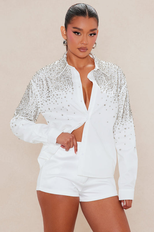 Cannot Dim My Shine Rhinestone Top - White