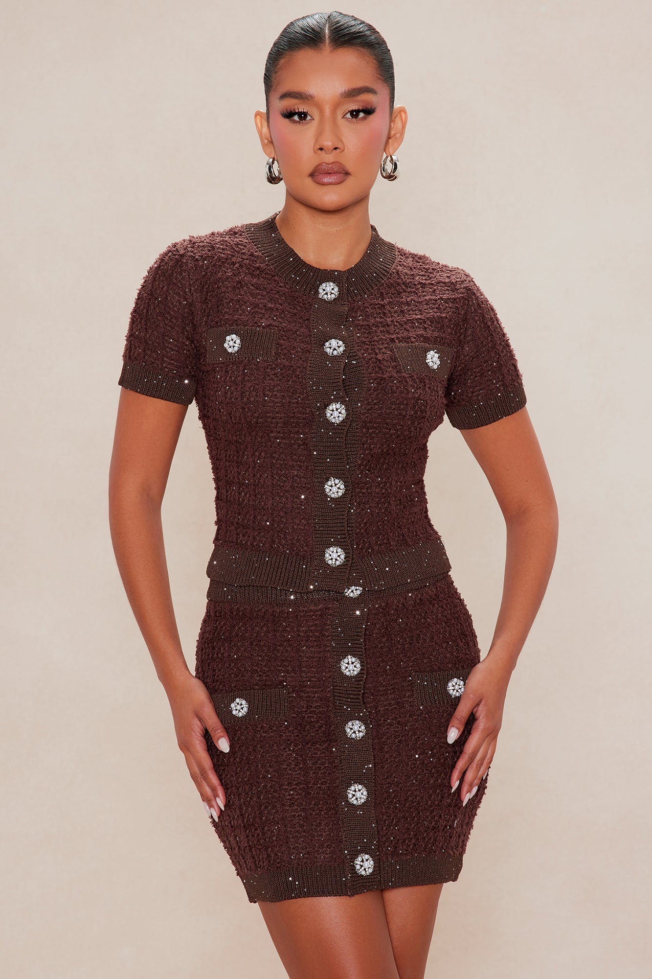 As If Embellished Tweed Skirt Set - Chocolate