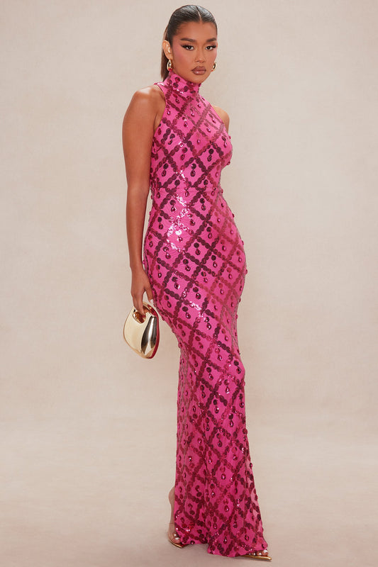 Francesca Embellished Mock Neck Gown - Hot Pink