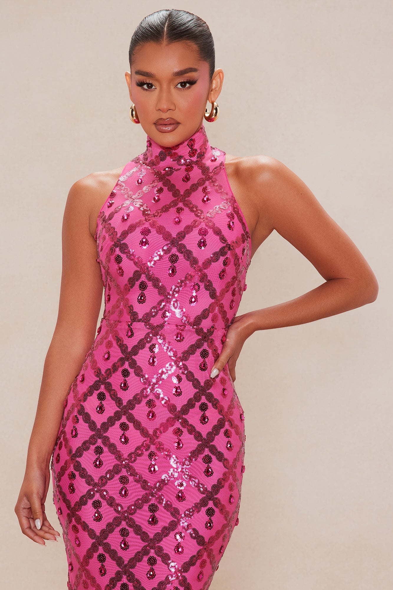 Francesca Embellished Mock Neck Gown - Hot Pink