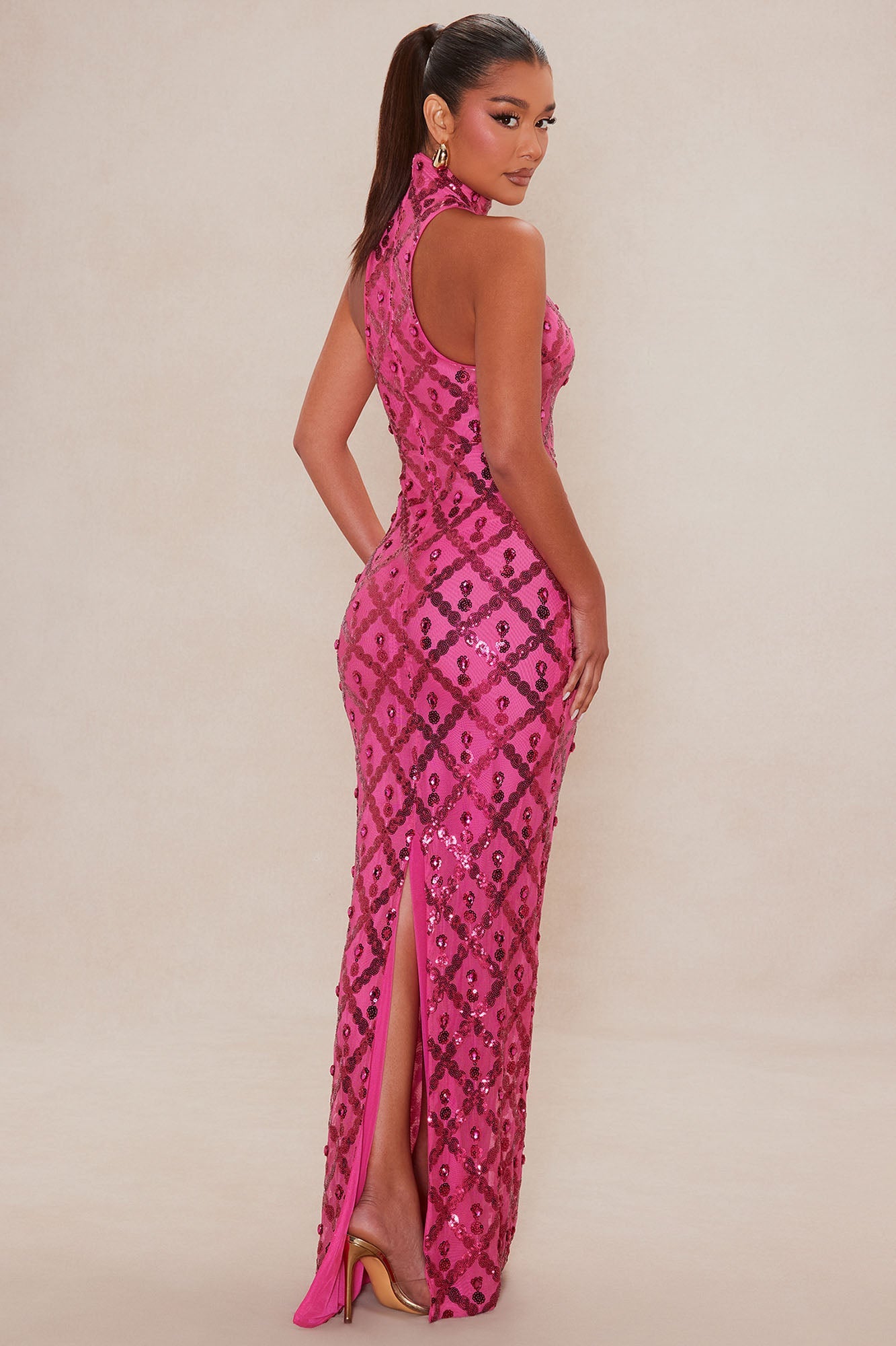 Francesca Embellished Mock Neck Gown - Hot Pink