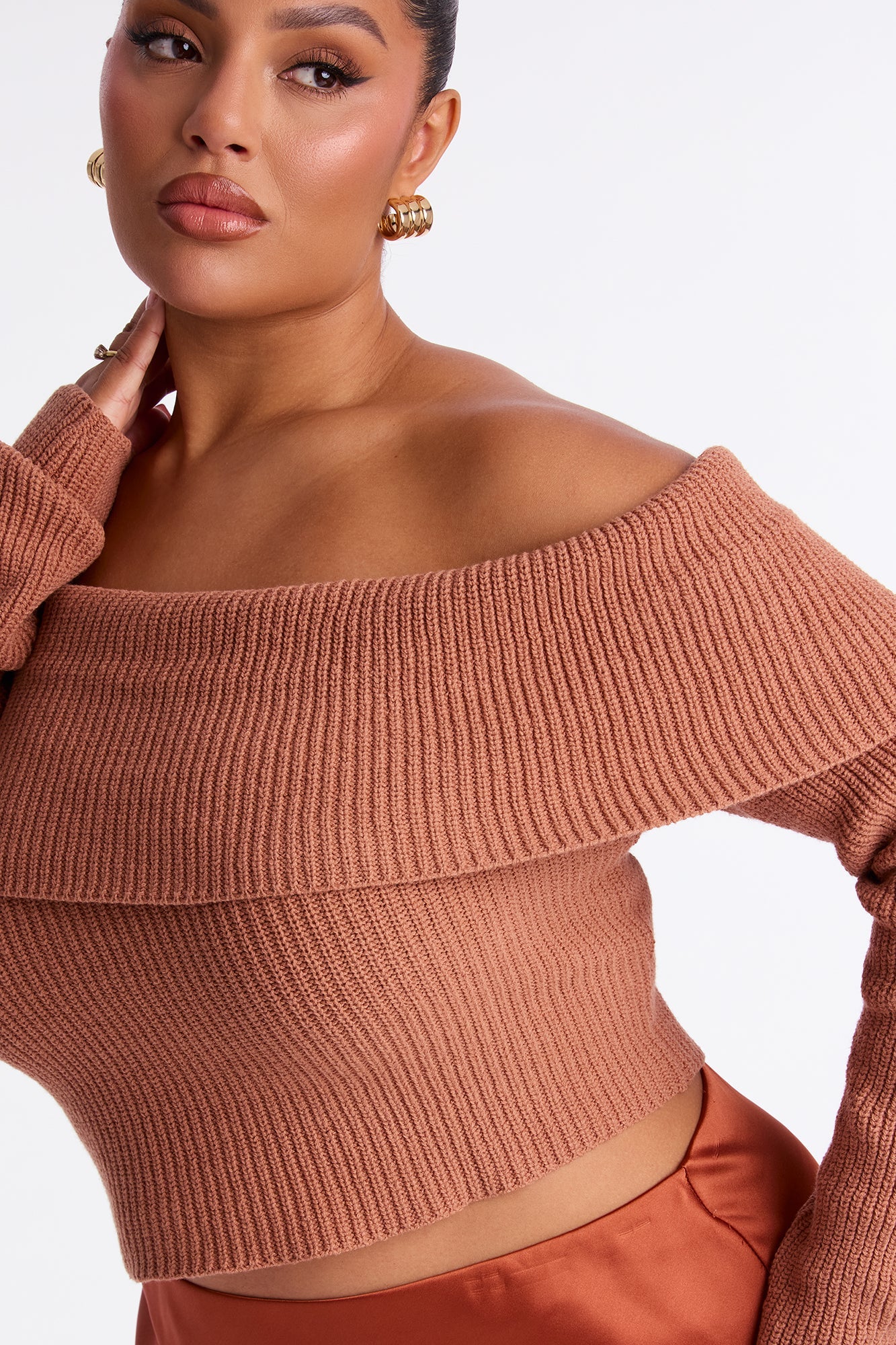 City Chic Off Shoulder Sweater - Mocha