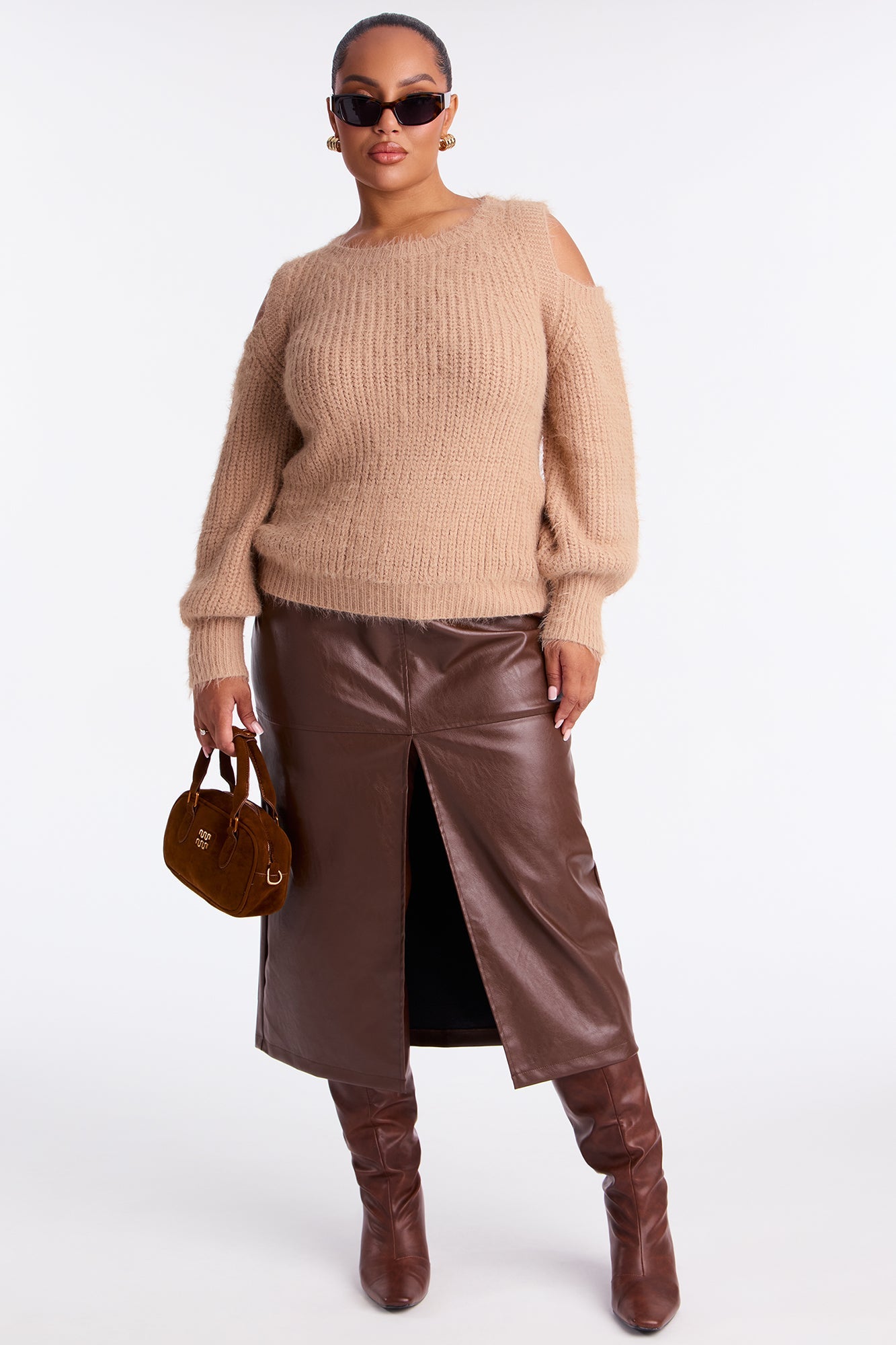 Sweet Face Fuzzy Cold Shoulder Sweater Top - Taupe