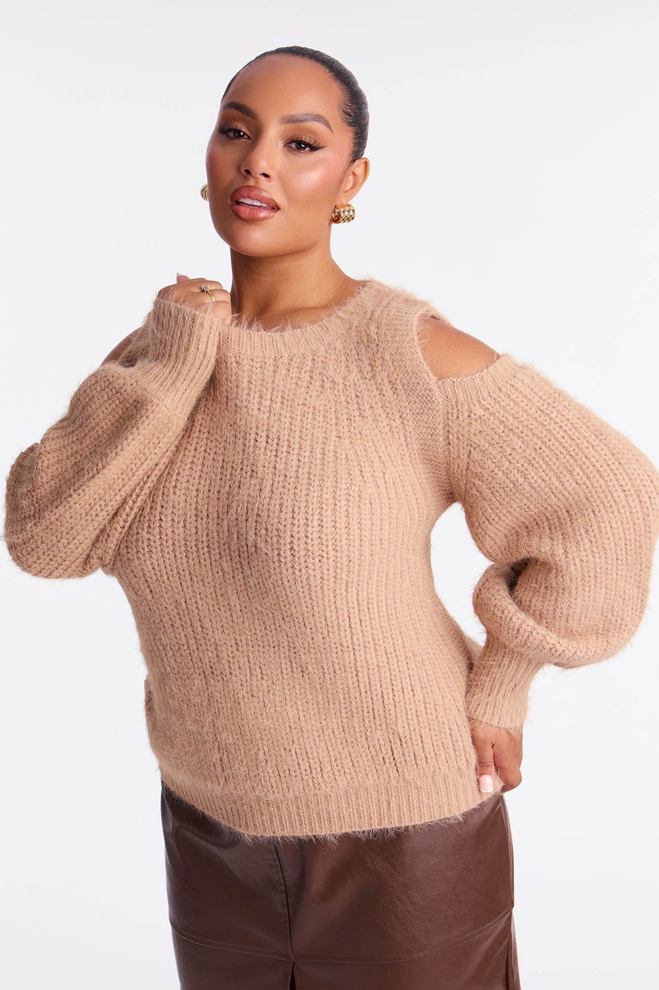 Sweet Face Fuzzy Cold Shoulder Sweater Top - Taupe