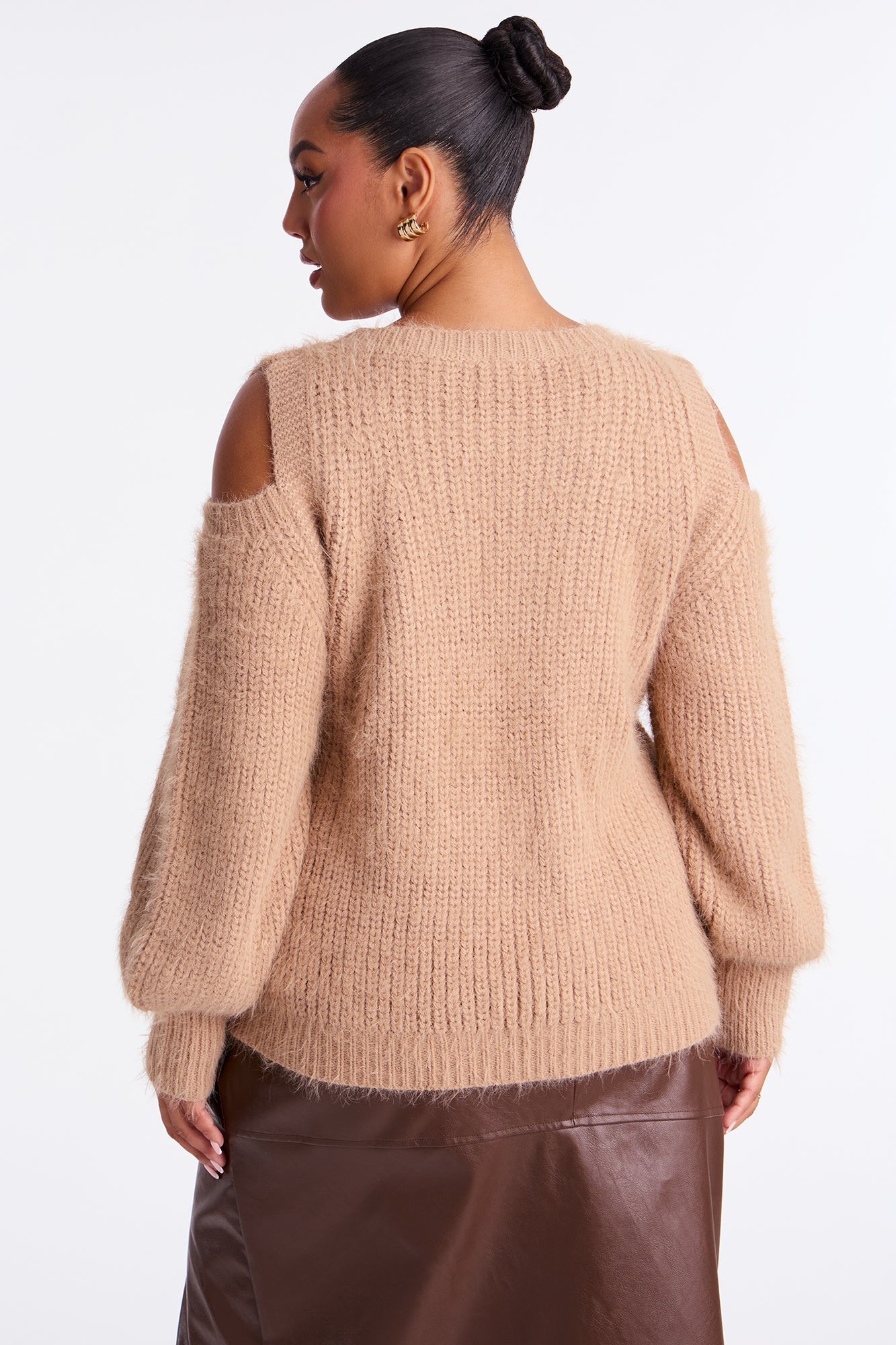 Sweet Face Fuzzy Cold Shoulder Sweater Top - Taupe
