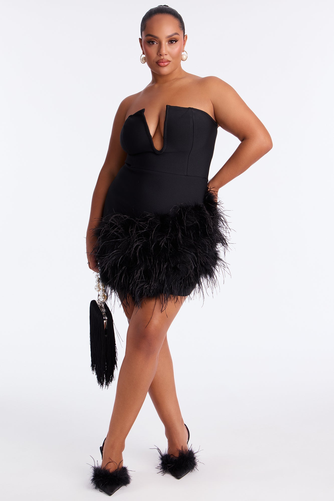 Top Choice Feather Trim Bandage Mini Dress - Black