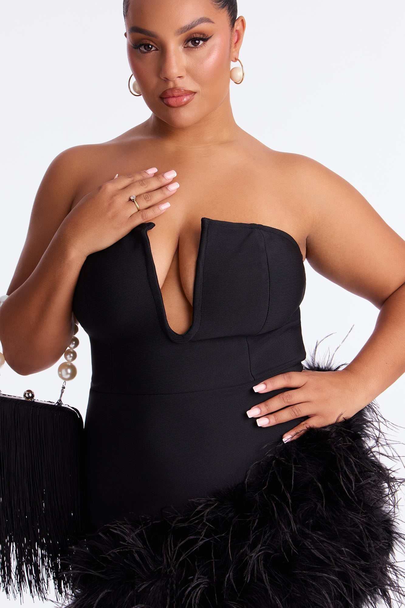 Top Choice Feather Trim Bandage Mini Dress - Black