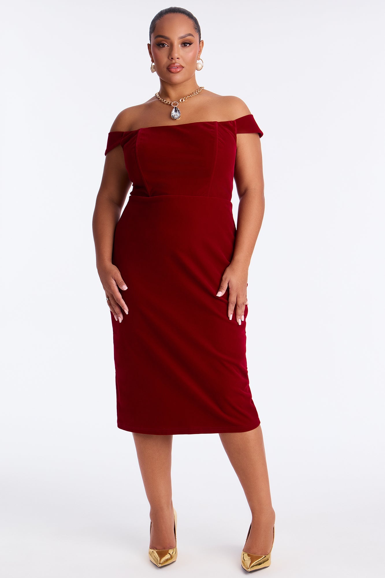 Zuri Off Shoulder Velvet Midi Dress - Red