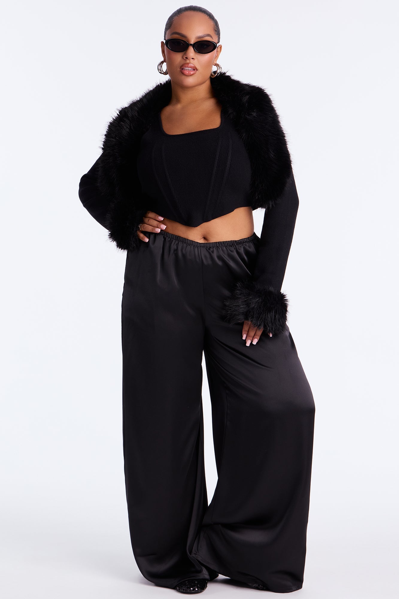 Sara Faux Fur 2 Piece Sweater Top - Black