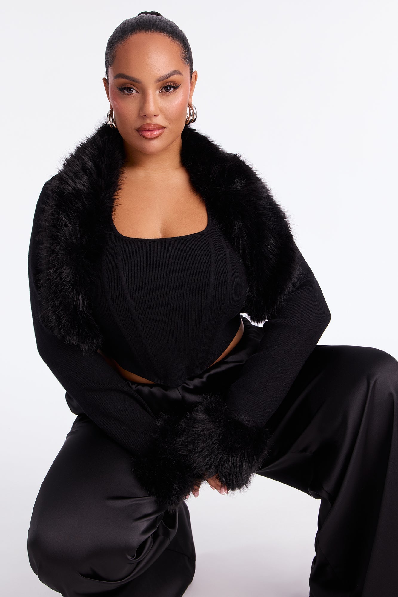 Sara Faux Fur 2 Piece Sweater Top - Black
