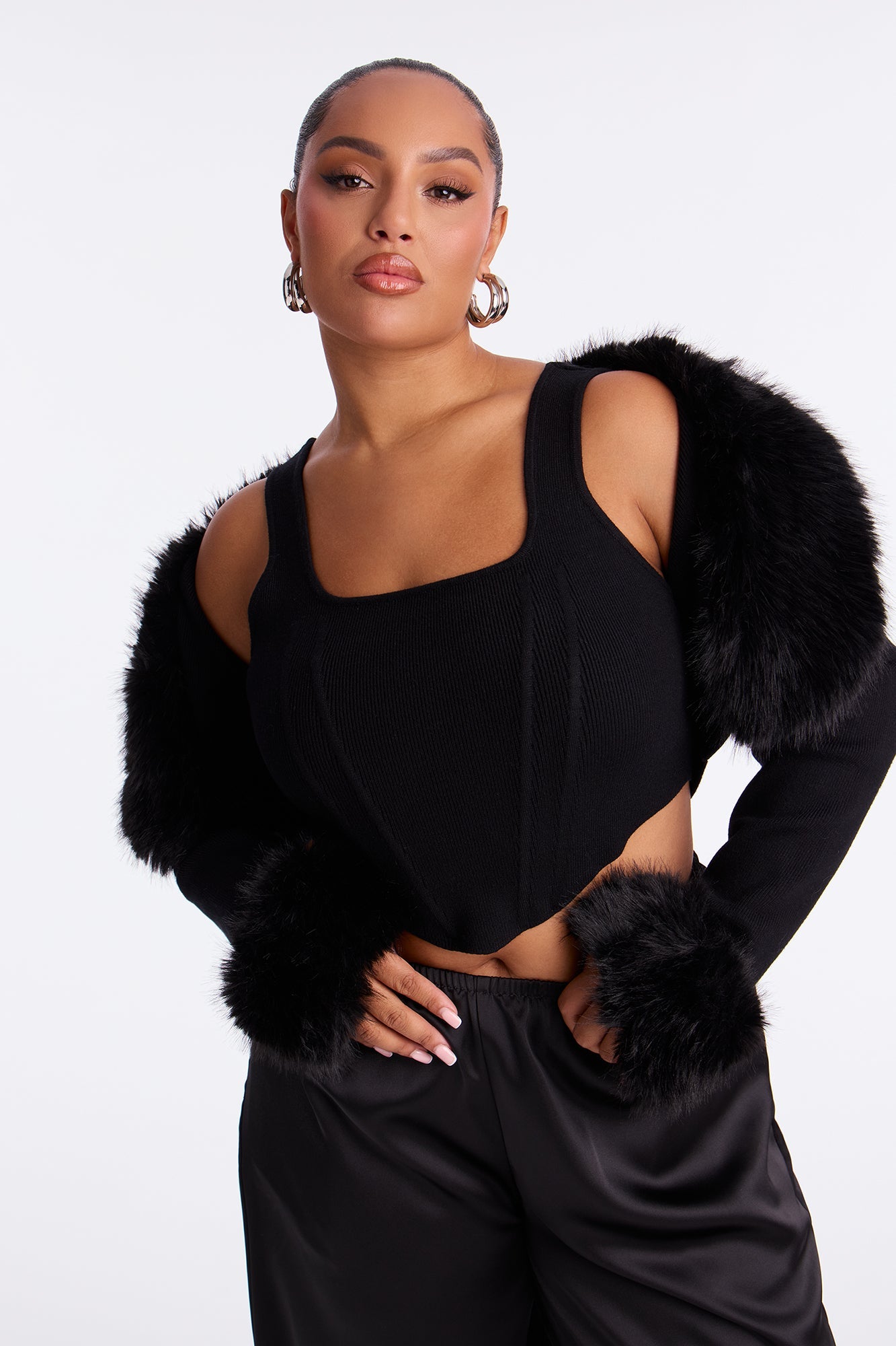 Sara Faux Fur 2 Piece Sweater Top - Black