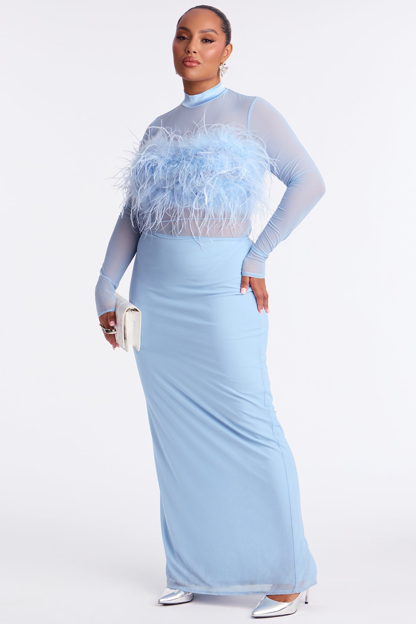 Selene Feather Sheer Mesh Maxi Dress - Dusty Blue