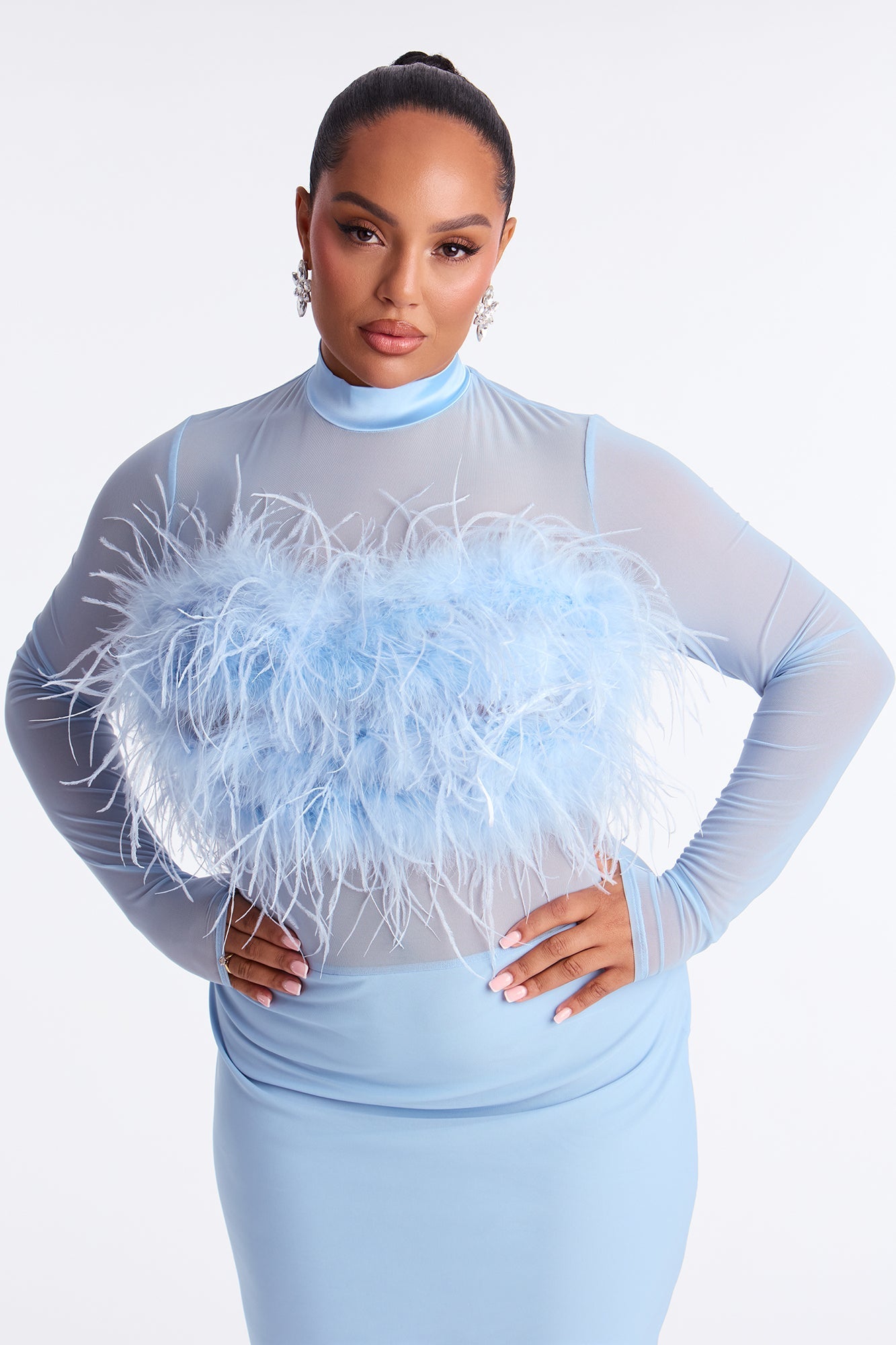 Selene Feather Sheer Mesh Maxi Dress - Dusty Blue