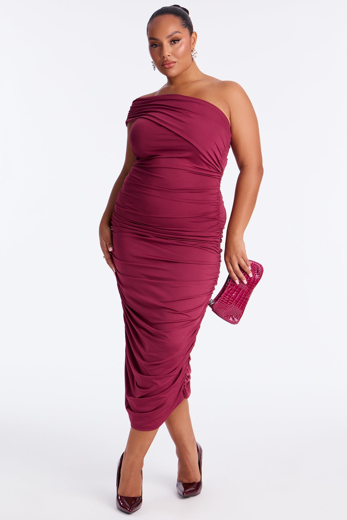 Emmalyn Ruched Midi Dress - Burgundy