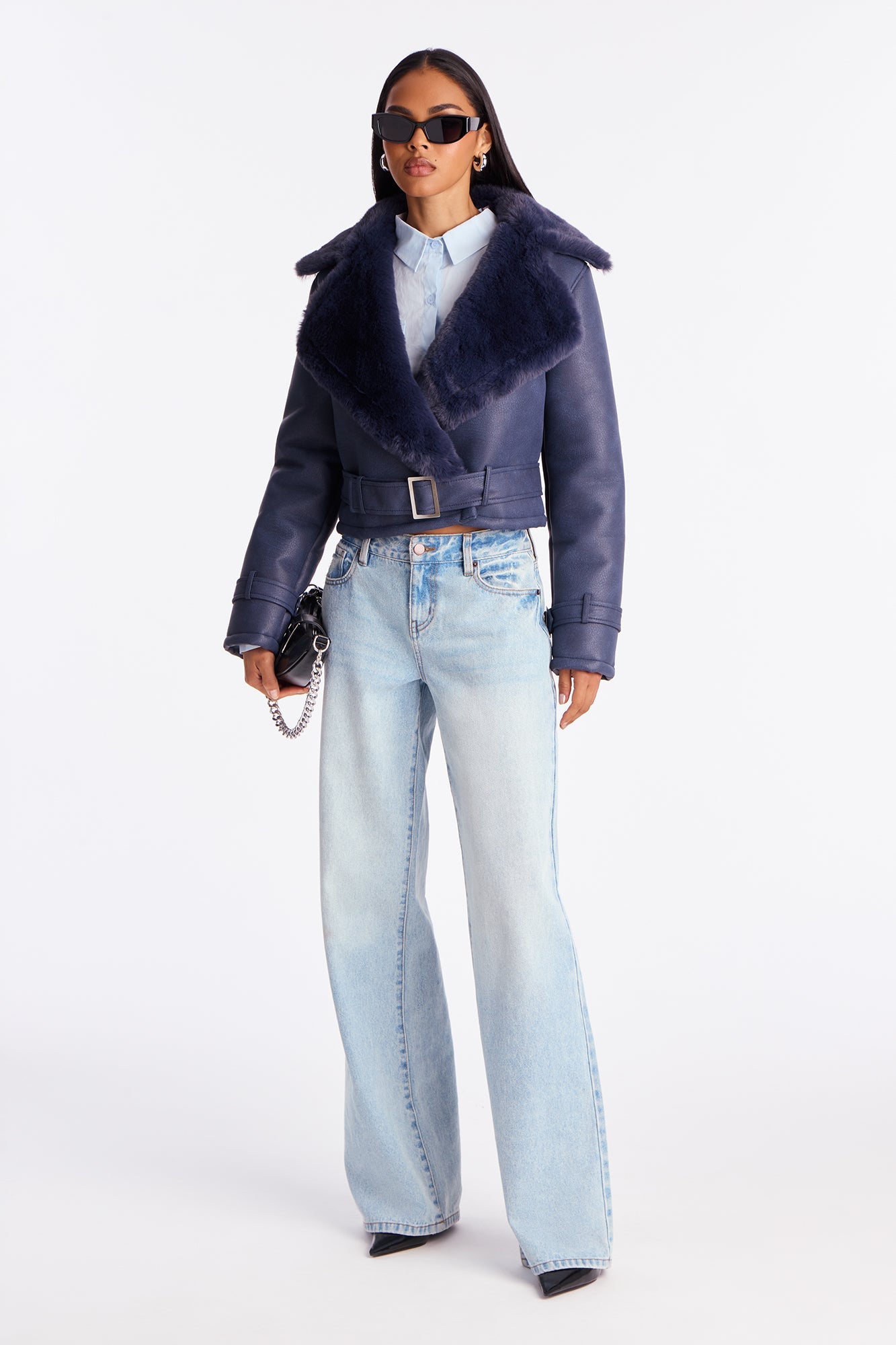 Jamie Faux Leather Moto Jacket - Navy