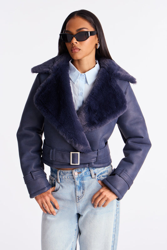 Jamie Faux Leather Moto Jacket - Navy