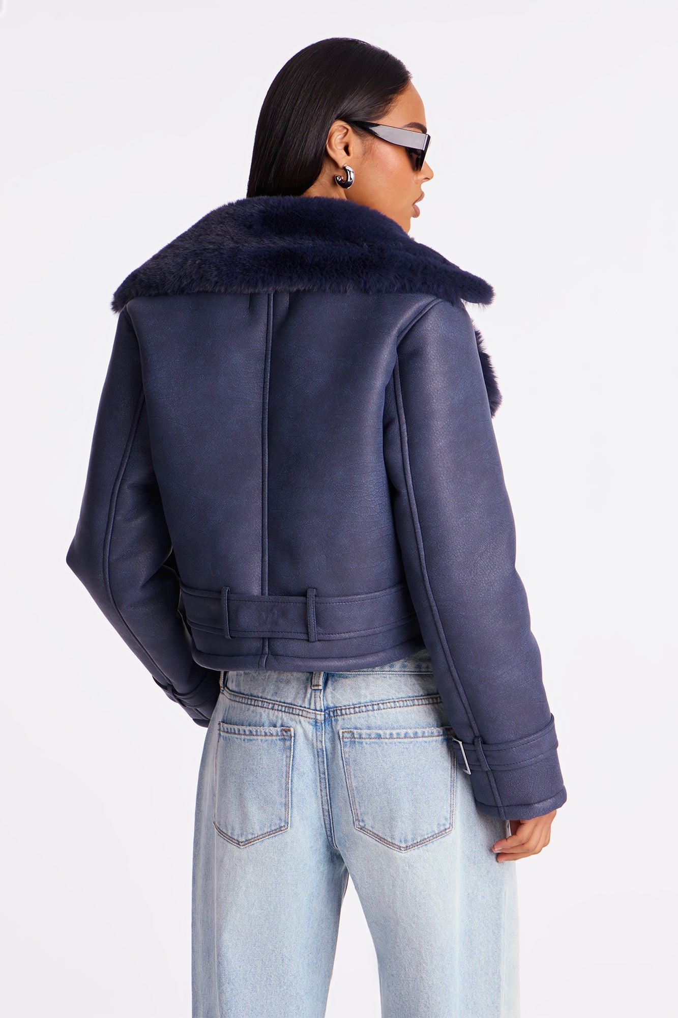 Jamie Faux Leather Moto Jacket - Navy