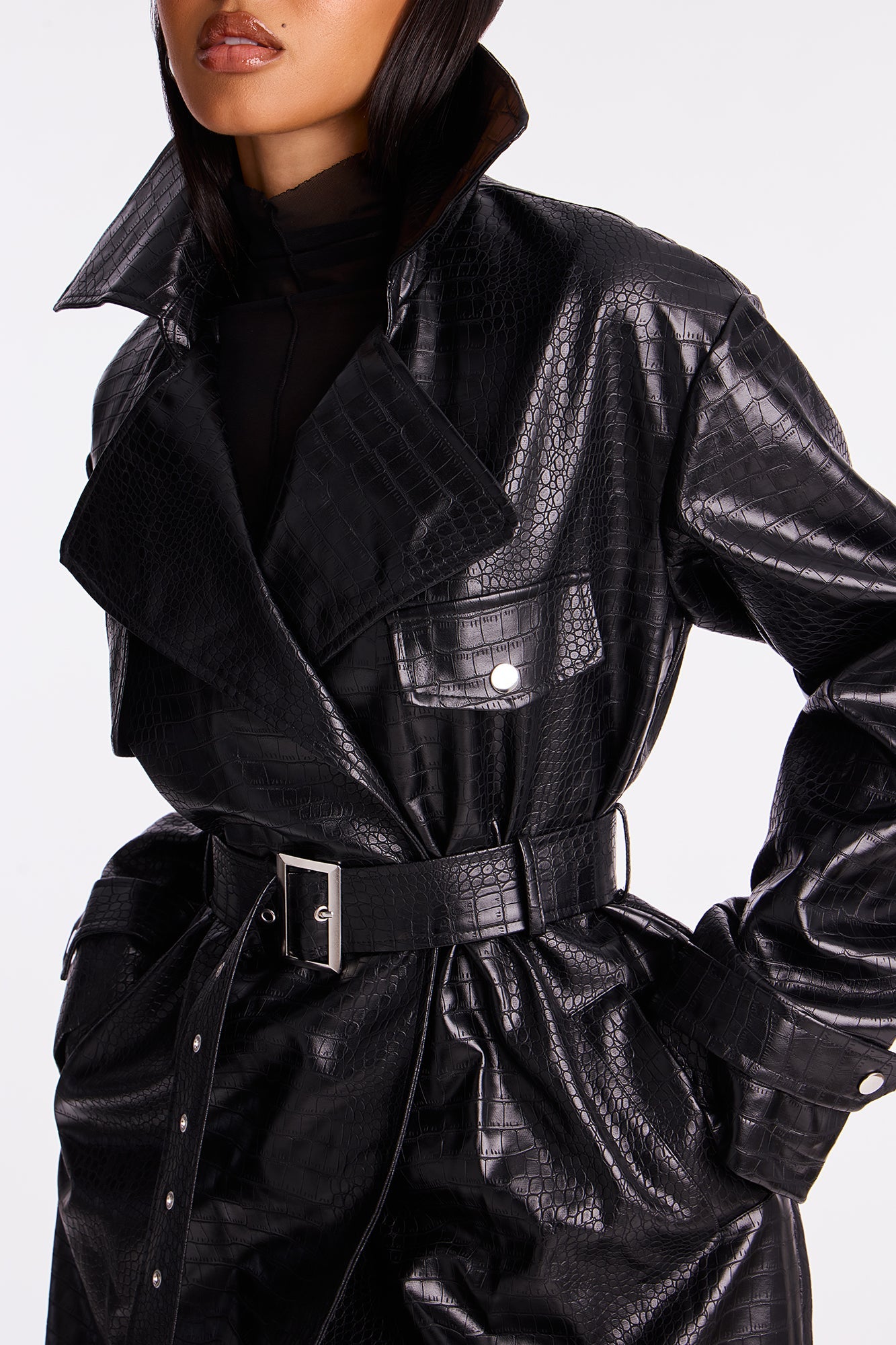 Noah Croc Faux Leather Trench Coat - Black