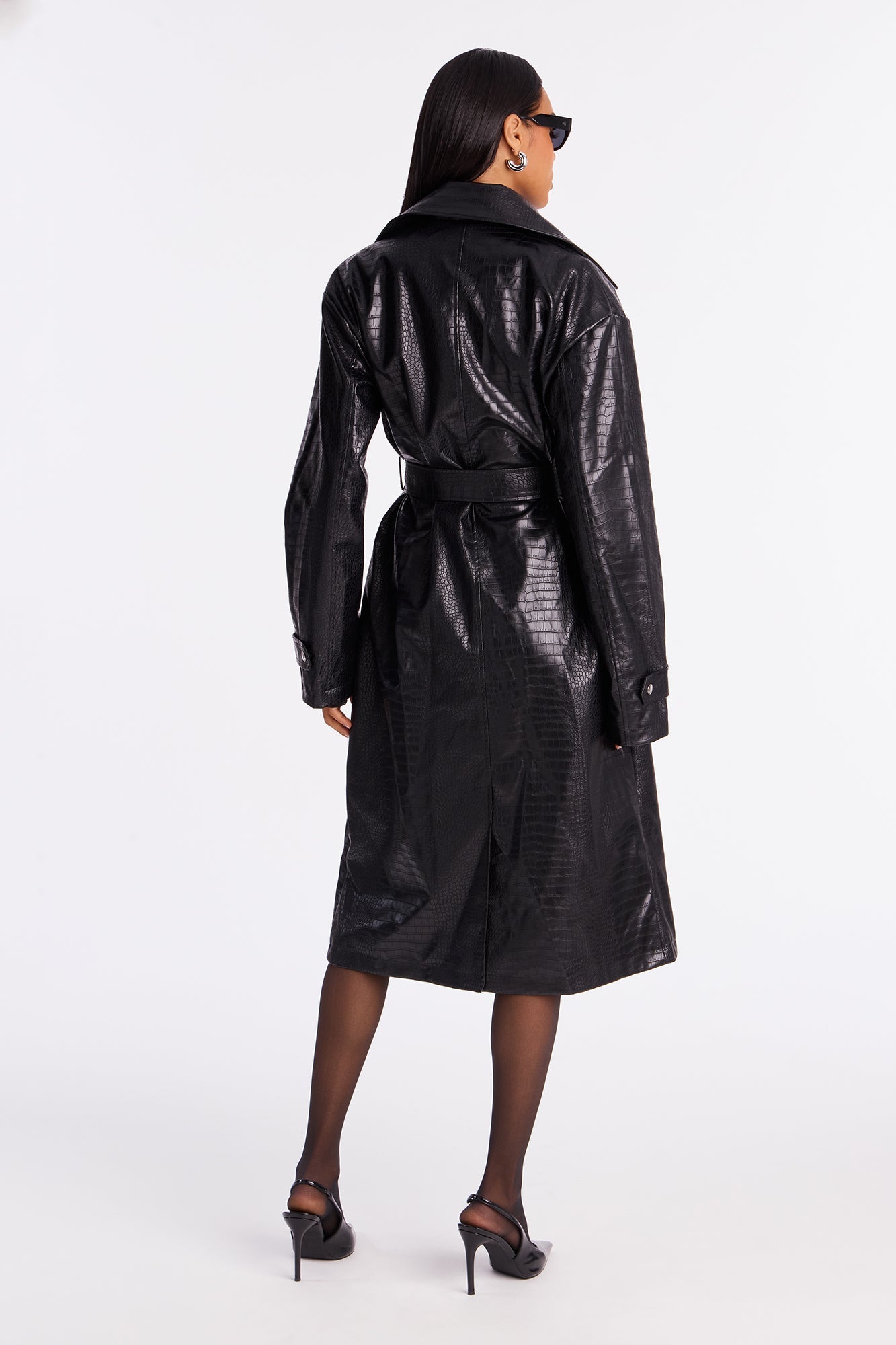 Noah Croc Faux Leather Trench Coat - Black