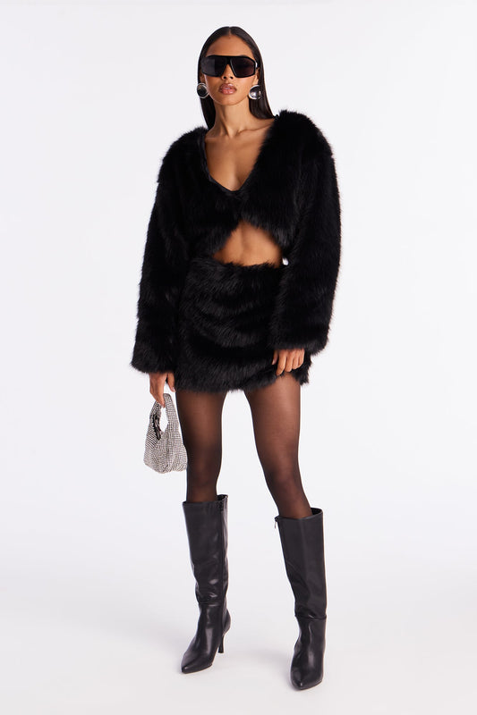 Fiona Faux Fur Mini Skirt Set - Black