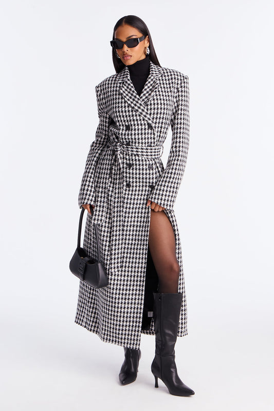 Solana Houndstooth Double Breasted Coat - White/Black