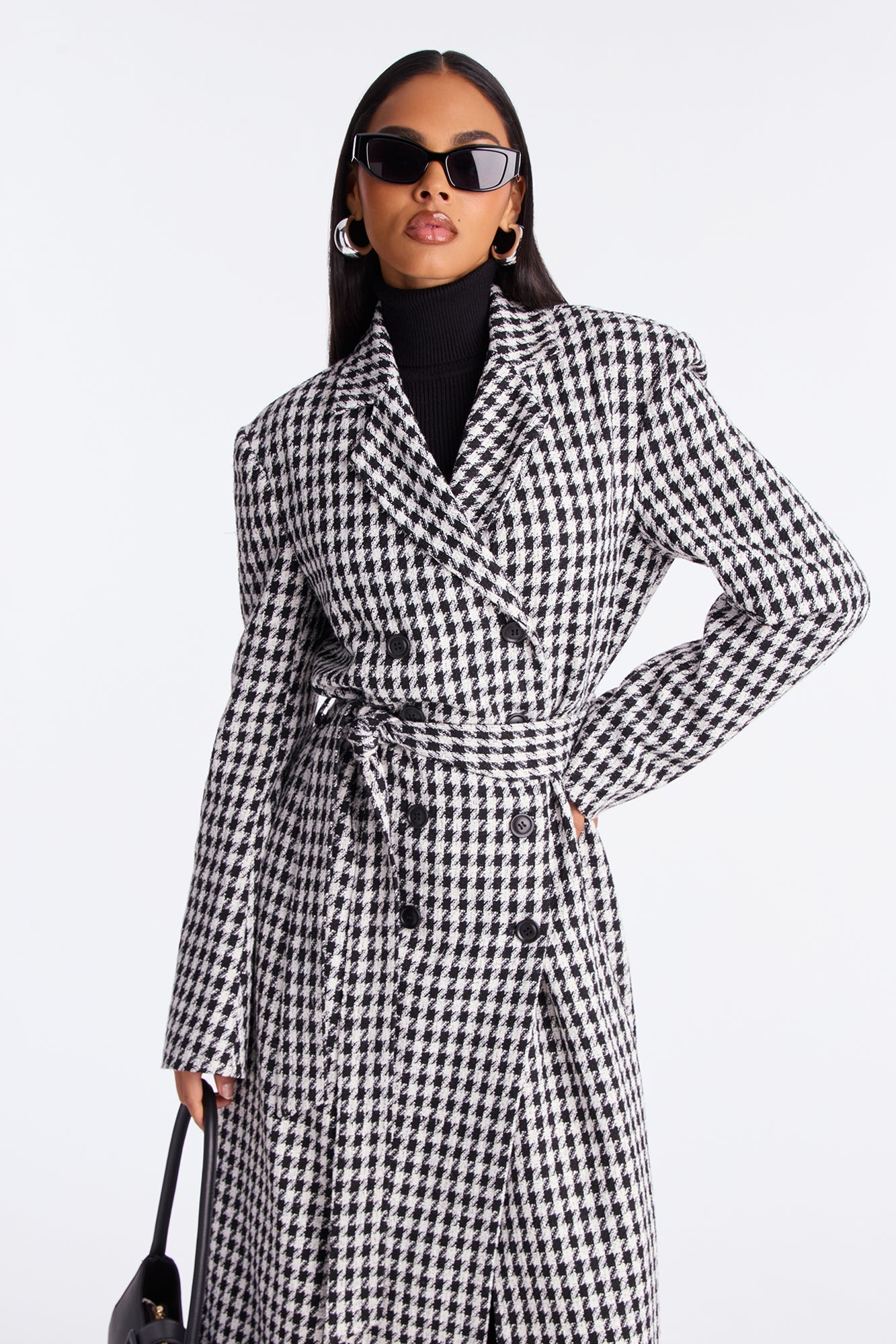 Solana Houndstooth Double Breasted Coat - White/Black