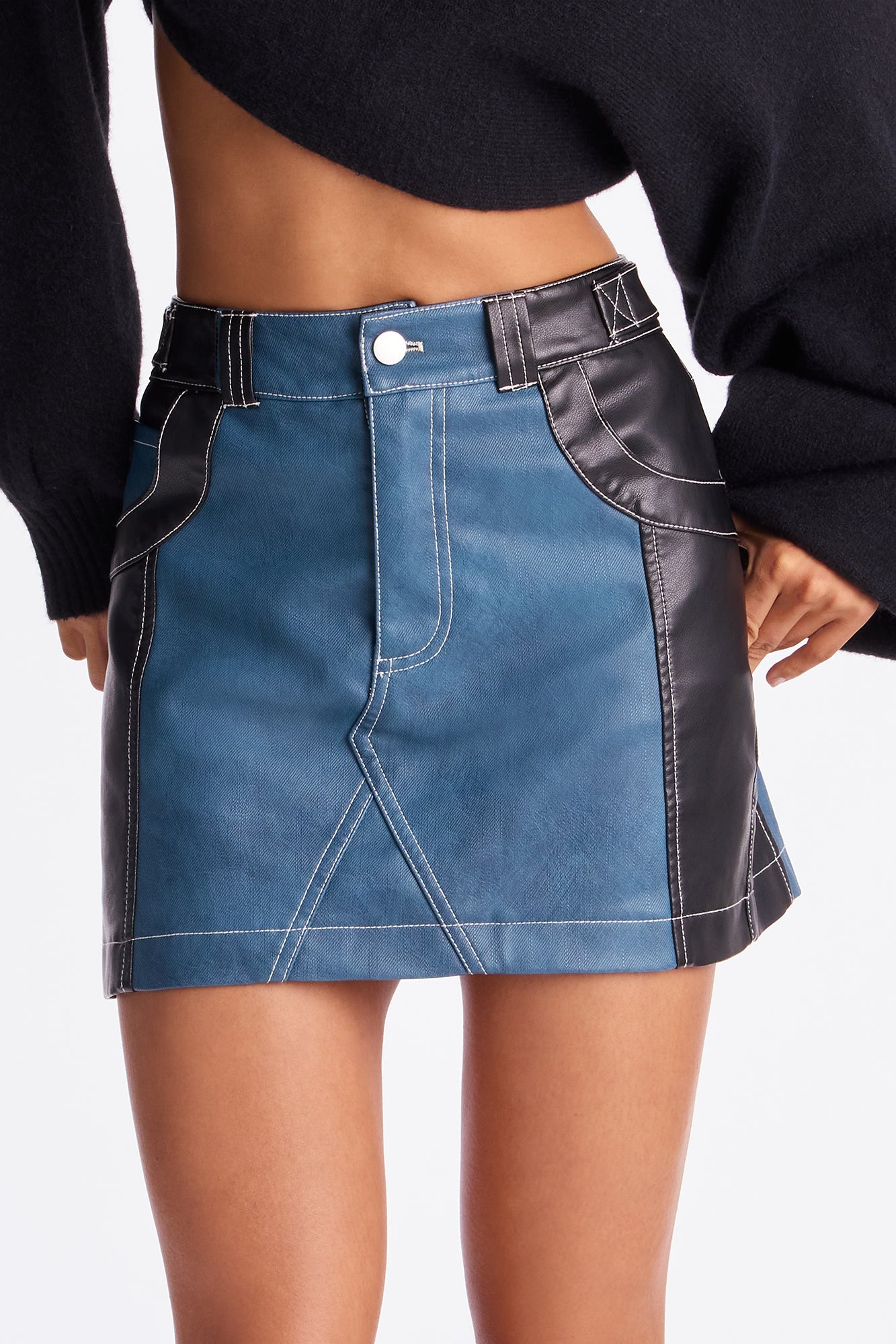 Mix It Up Denim Faux Leather Mini Skirt - Dark Wash