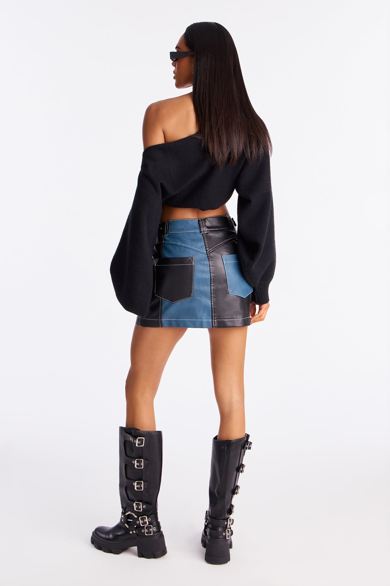 Mix It Up Denim Faux Leather Mini Skirt - Dark Wash