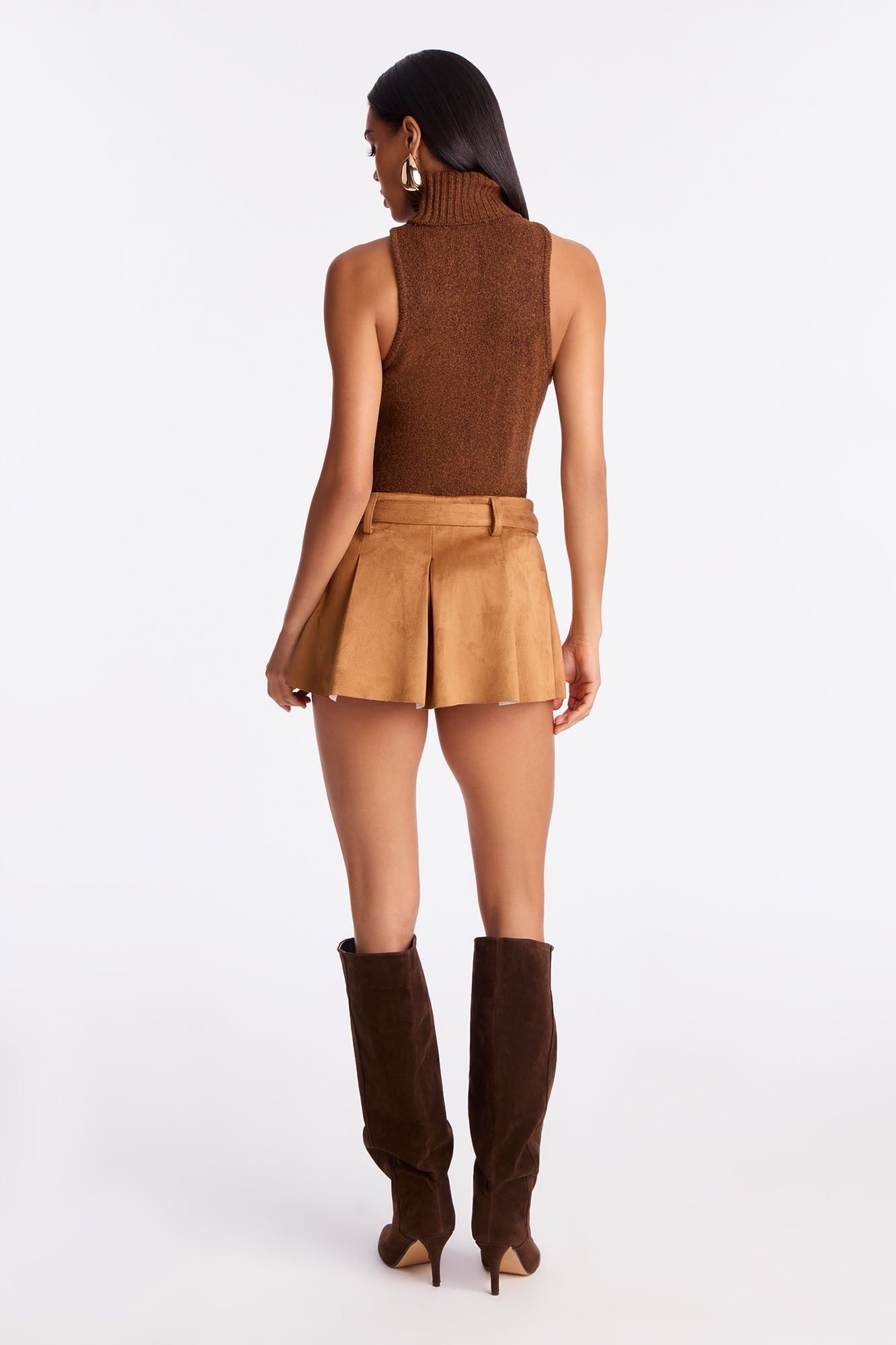 Paige Belted Faux Suede Micro Mini Skort - Camel