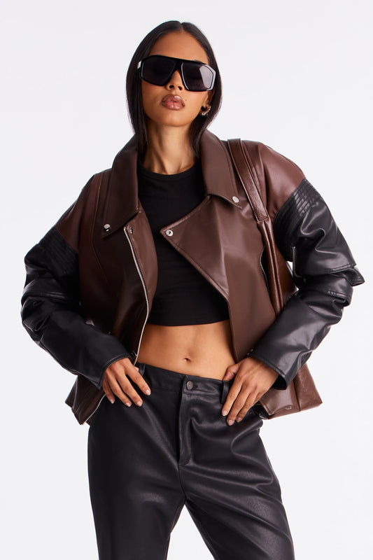 Bet On Me Oversized Faux Leather Moto Jacket - Brown/combo