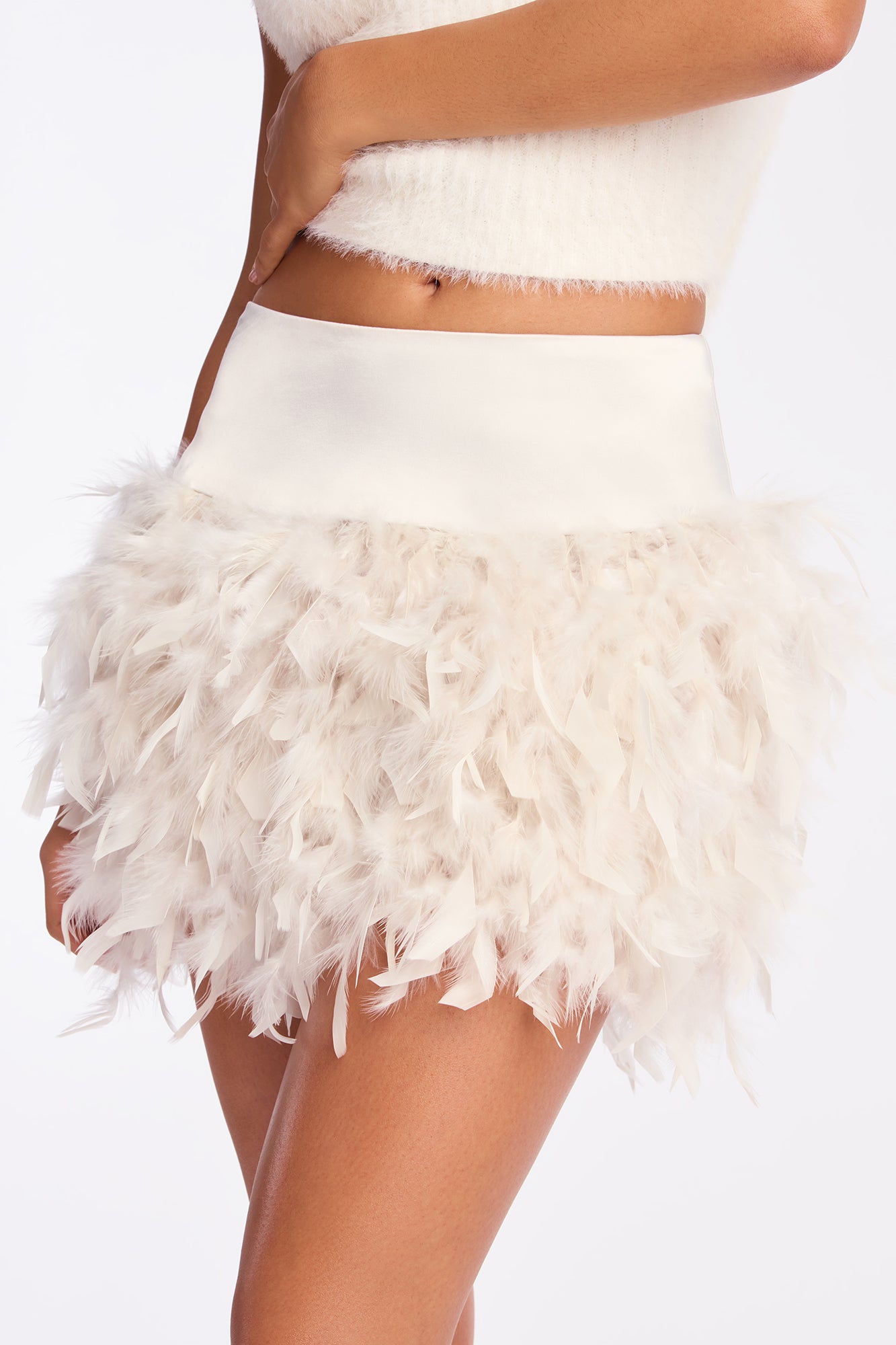 Came To Party Feathered Satin Mini Skirt - Cream
