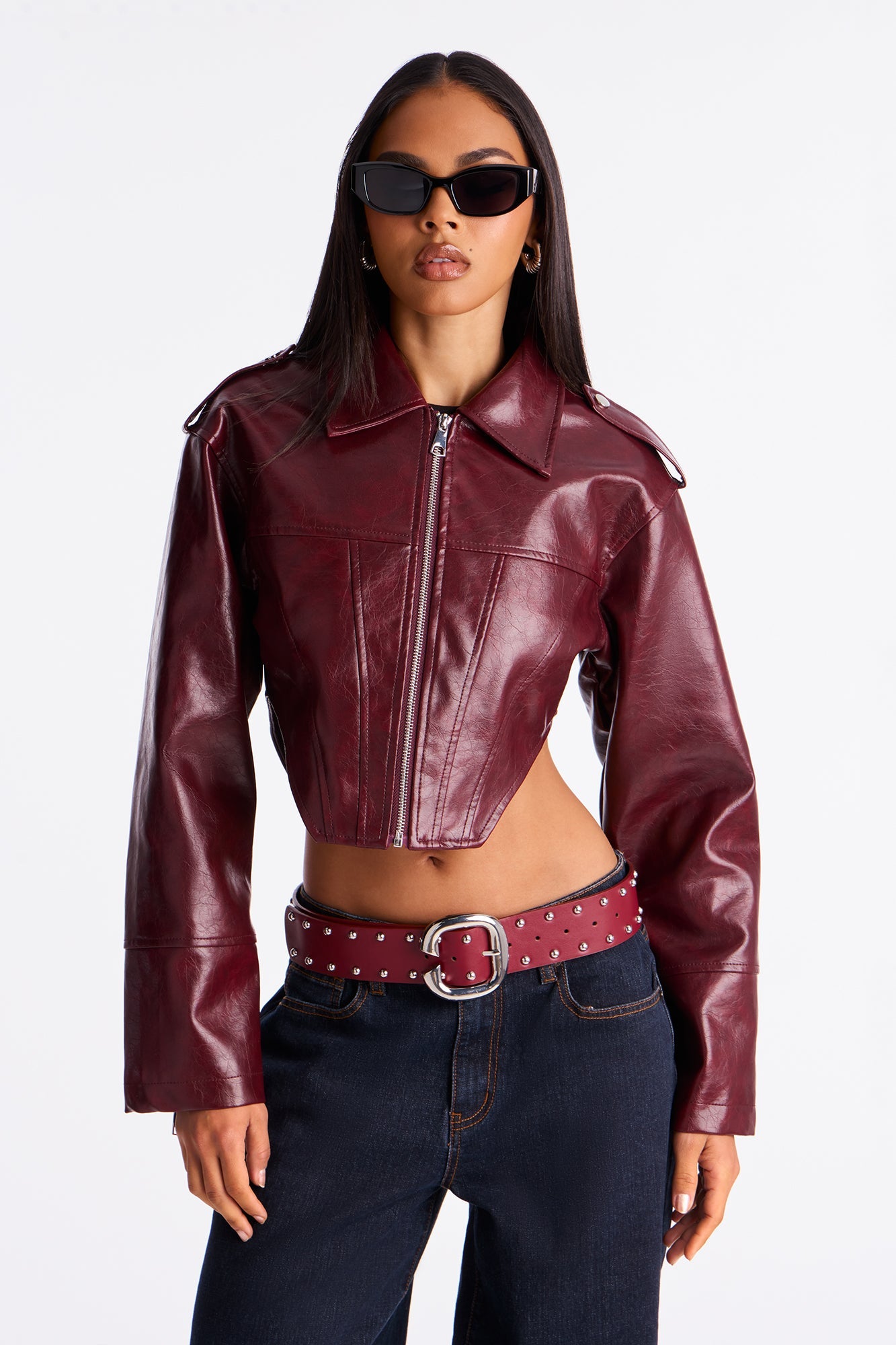 Talk Is Cheap Faux Patent Leather Moto Jacket - Burgundy