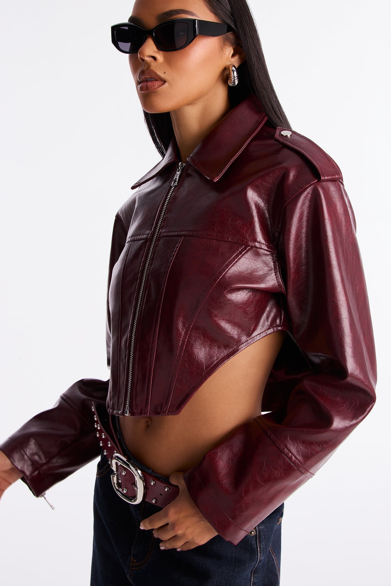 Talk Is Cheap Faux Patent Leather Moto Jacket - Burgundy