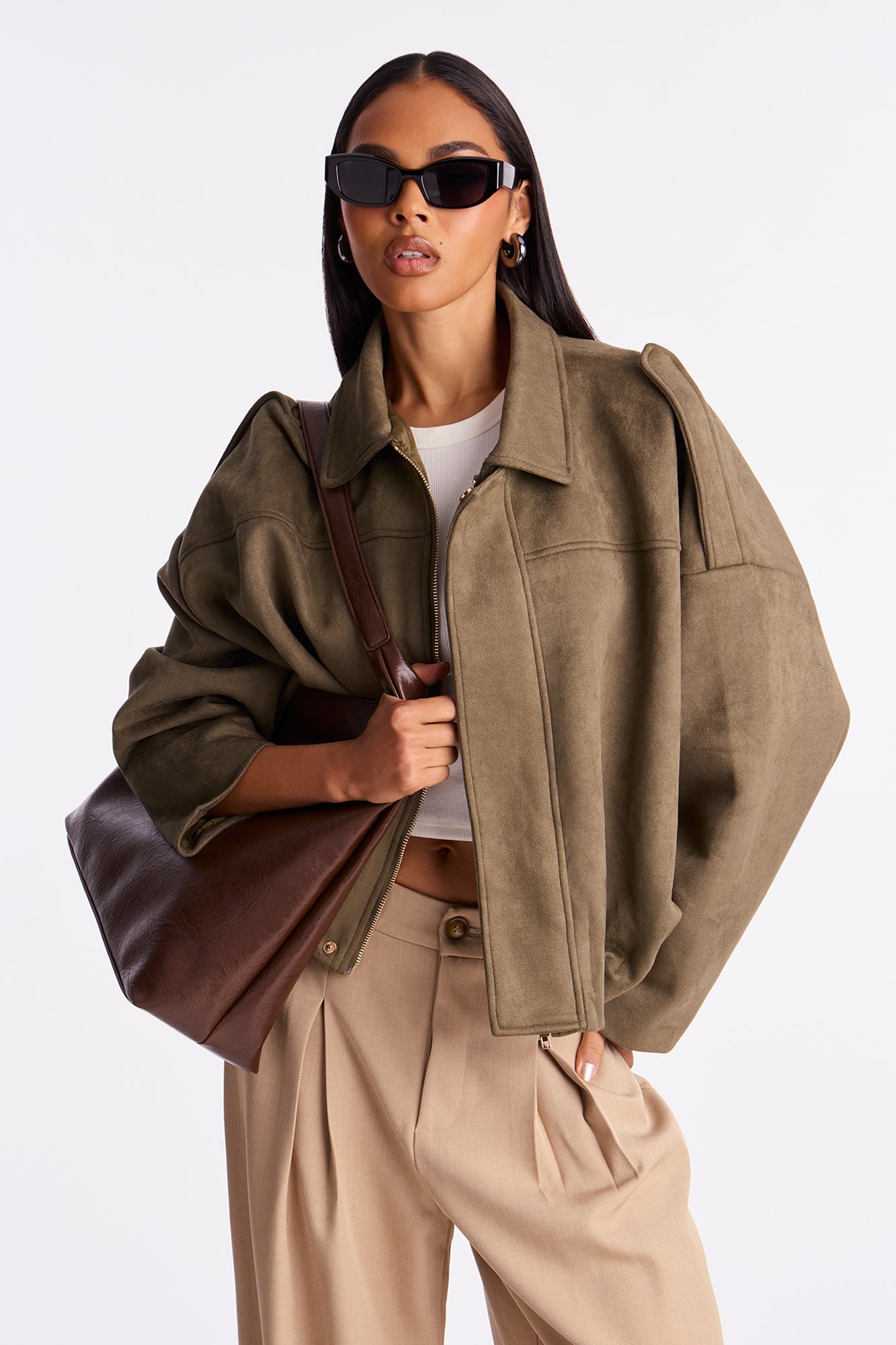 Harlowe Oversized Faux Suede Jacket - Olive