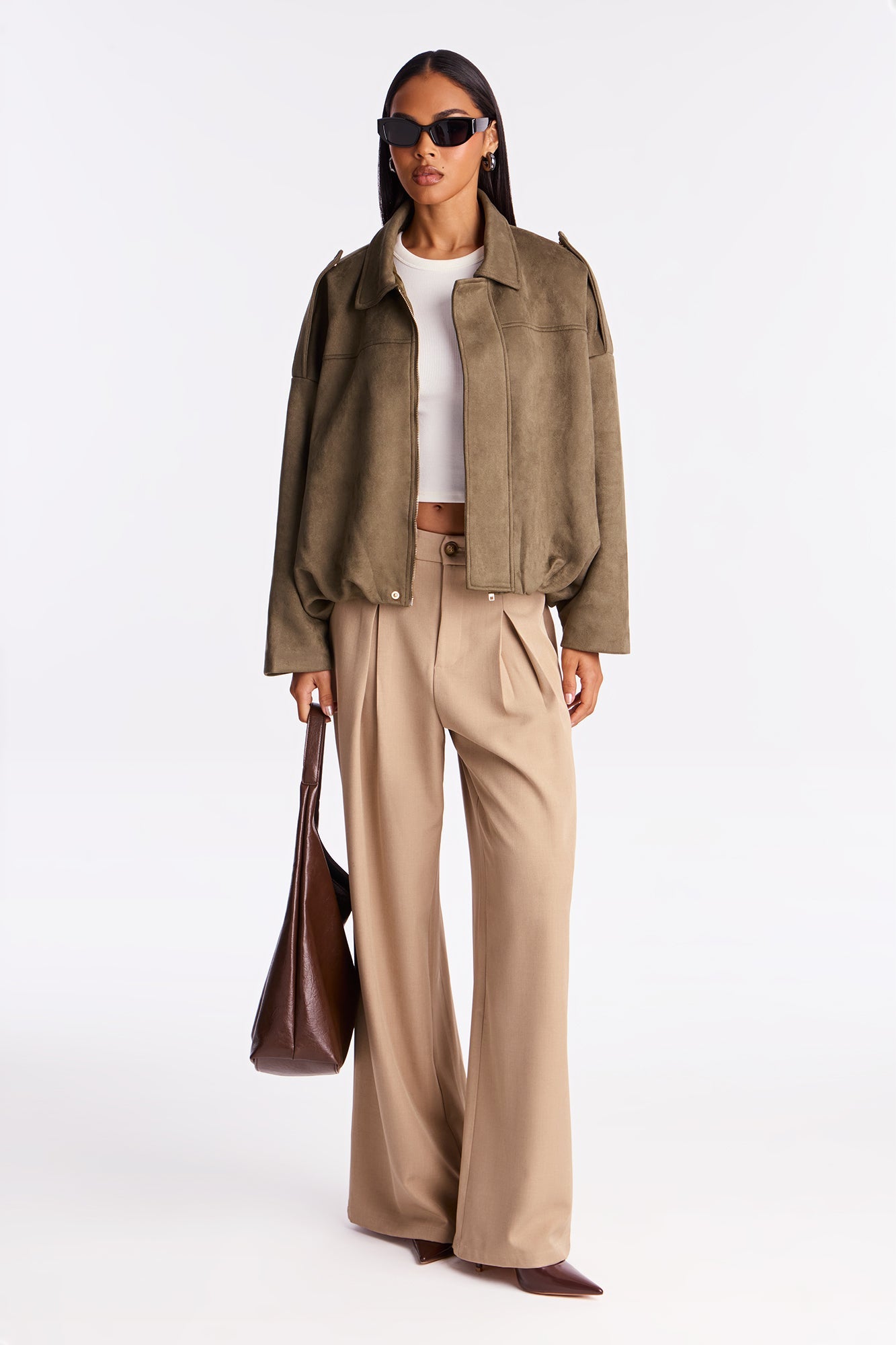 Harlowe Oversized Faux Suede Jacket - Olive