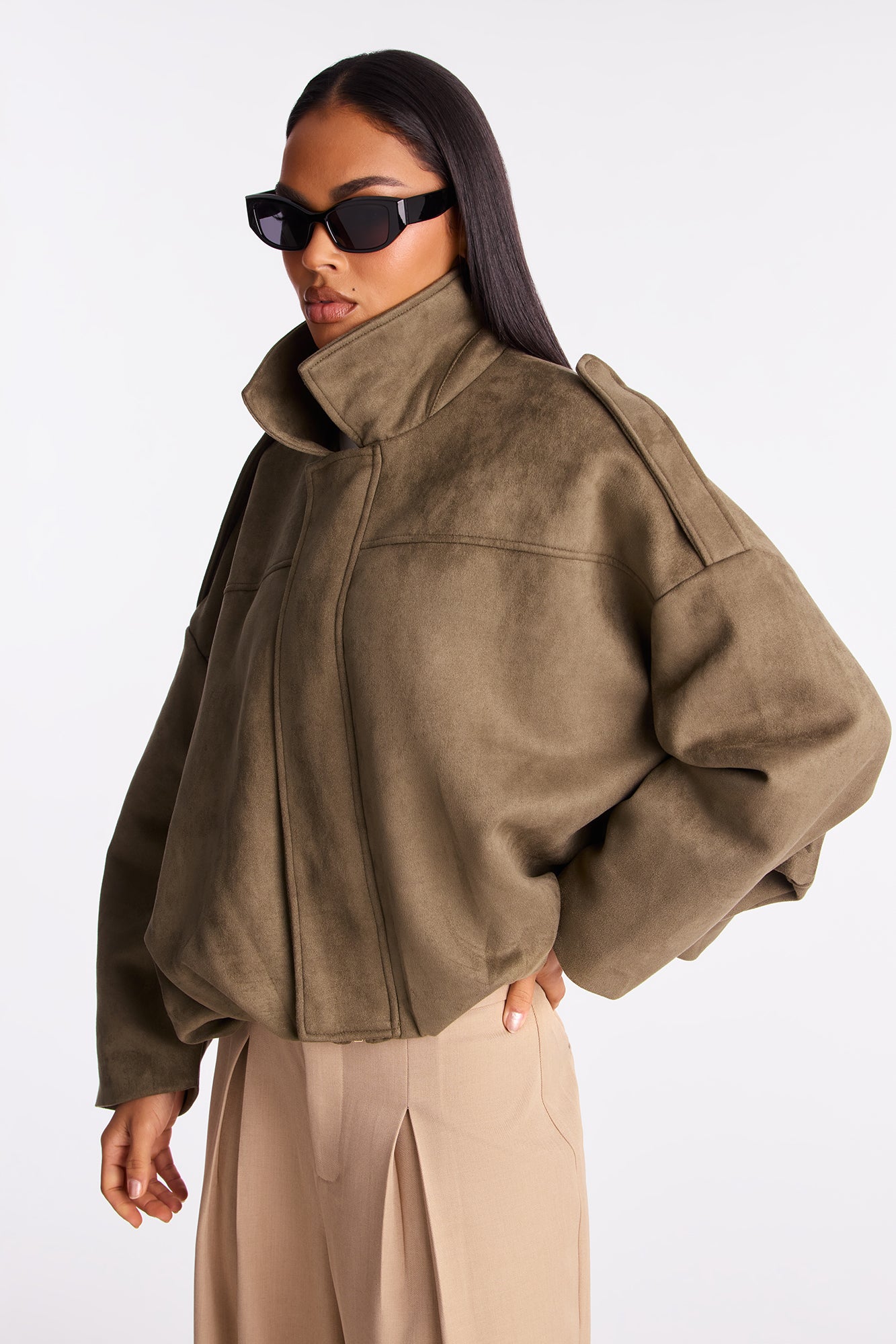 Harlowe Oversized Faux Suede Jacket - Olive