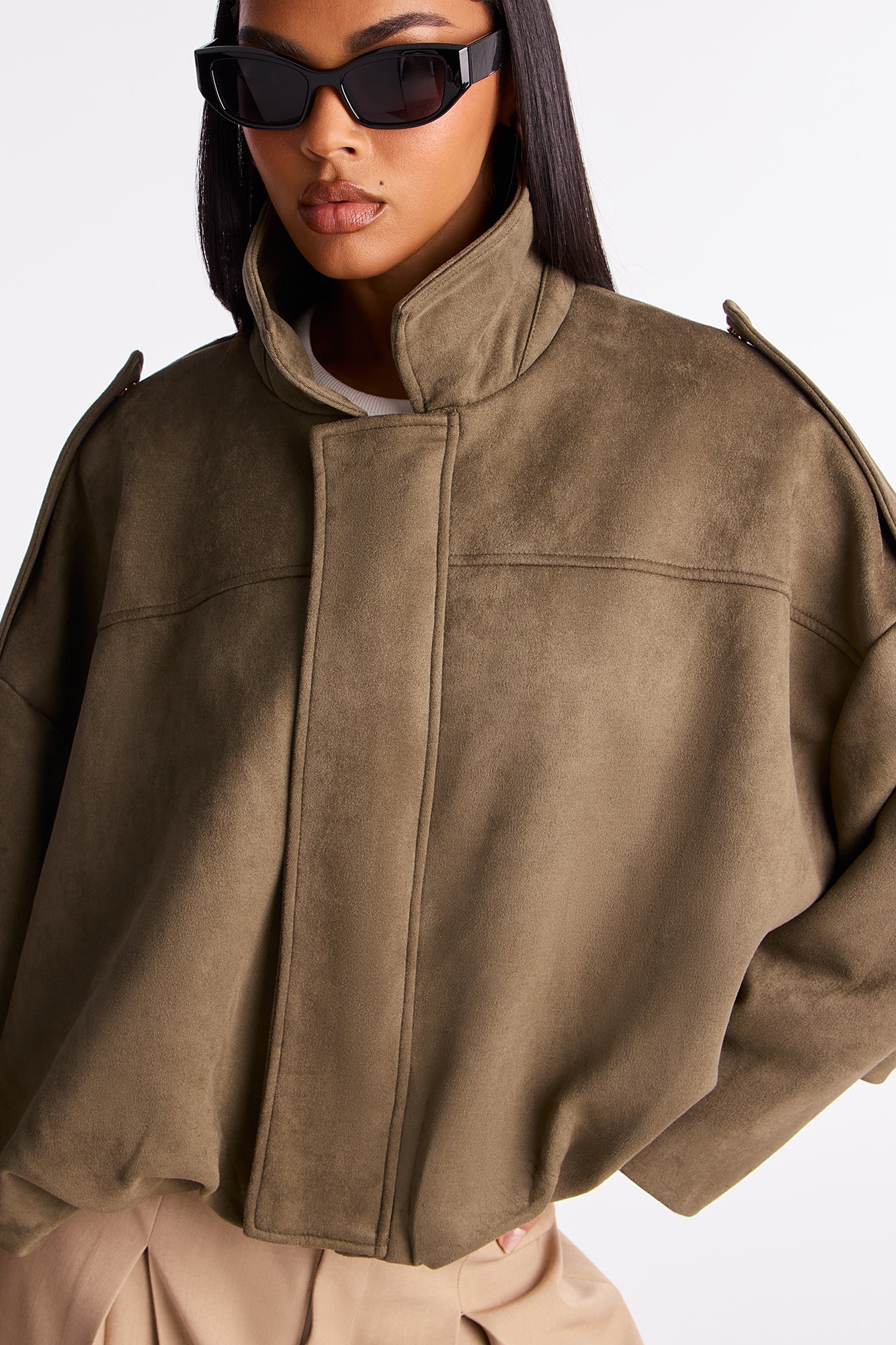 Harlowe Oversized Faux Suede Jacket - Olive