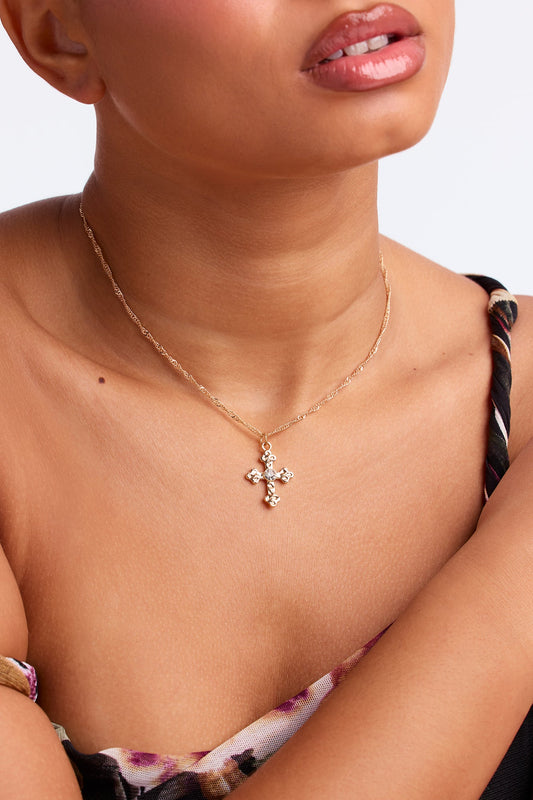 Simply Blessed Rhinestone Cross Pendant Necklace - Gold