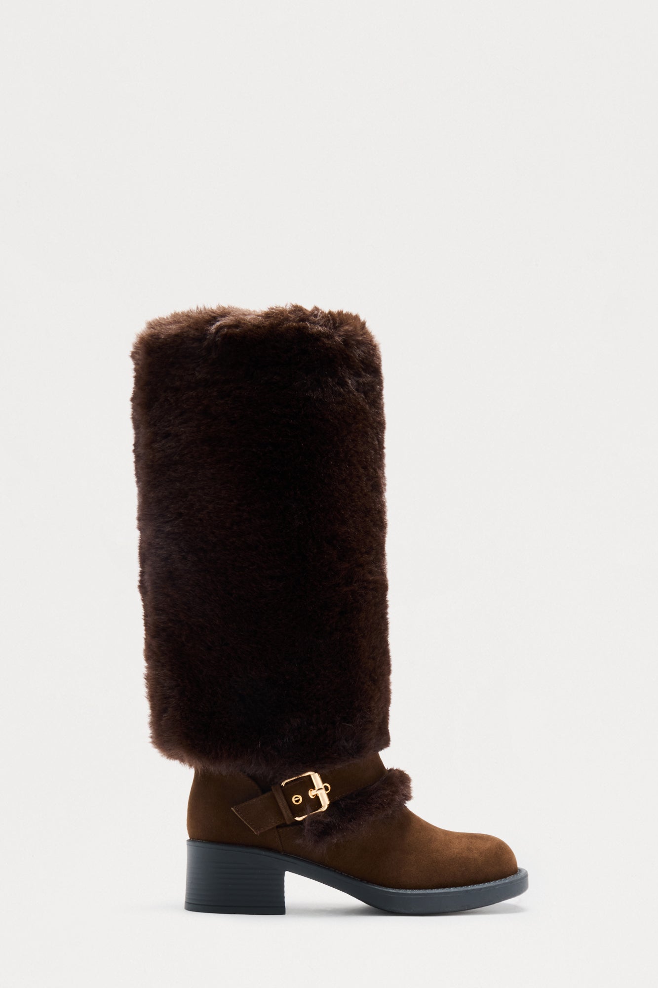 Indira Buckle Faux Fur Boots - Chocolate
