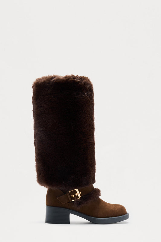 Indira Buckle Faux Fur Boots - Chocolate