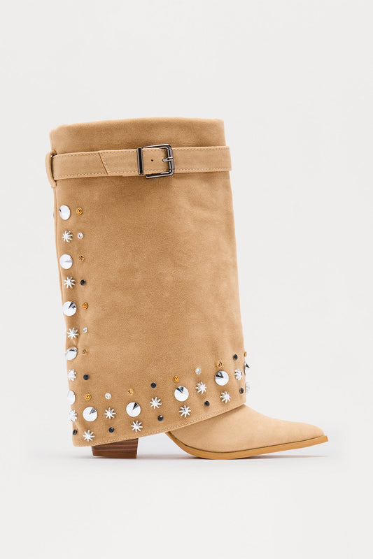 Georgine Studded Overlay Boots - Taupe