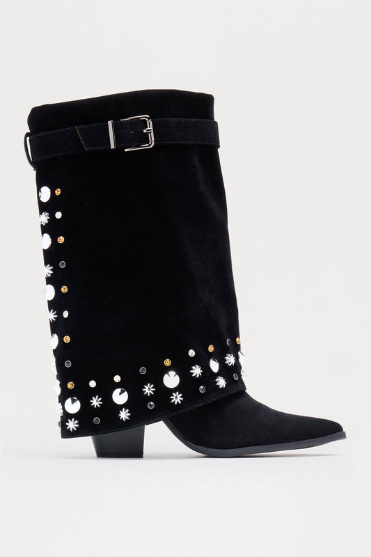 Georgine Studded Overlay Boots - Black