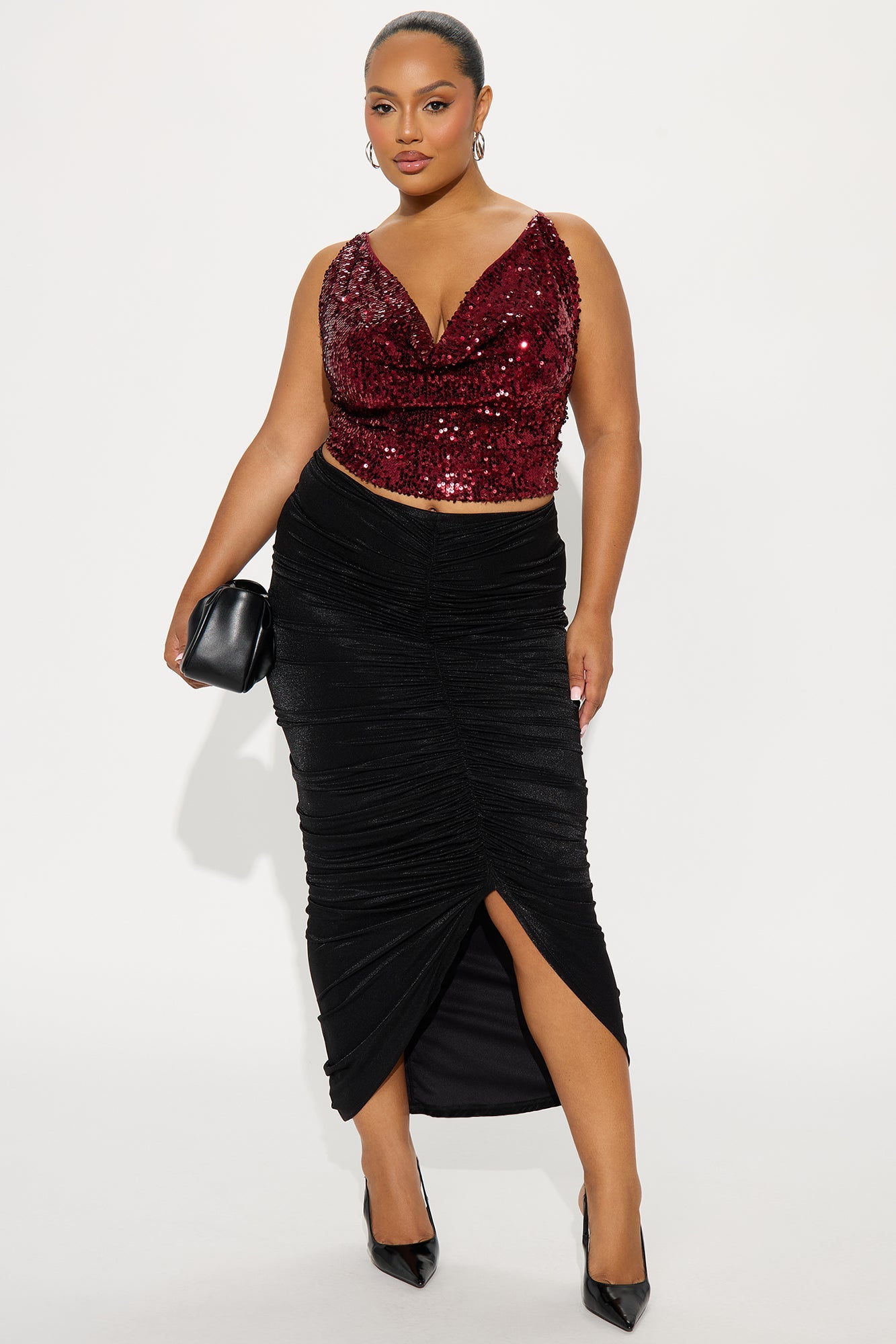 My Time To Shine Ruched Shimmer Midi Skirt - Black