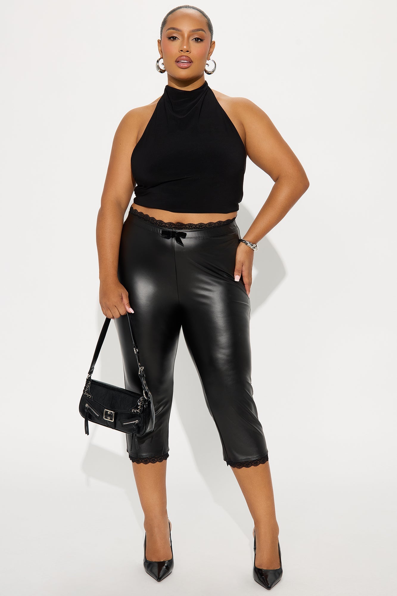 Valentina Faux Leather Lace Trim Capri Legging - Black