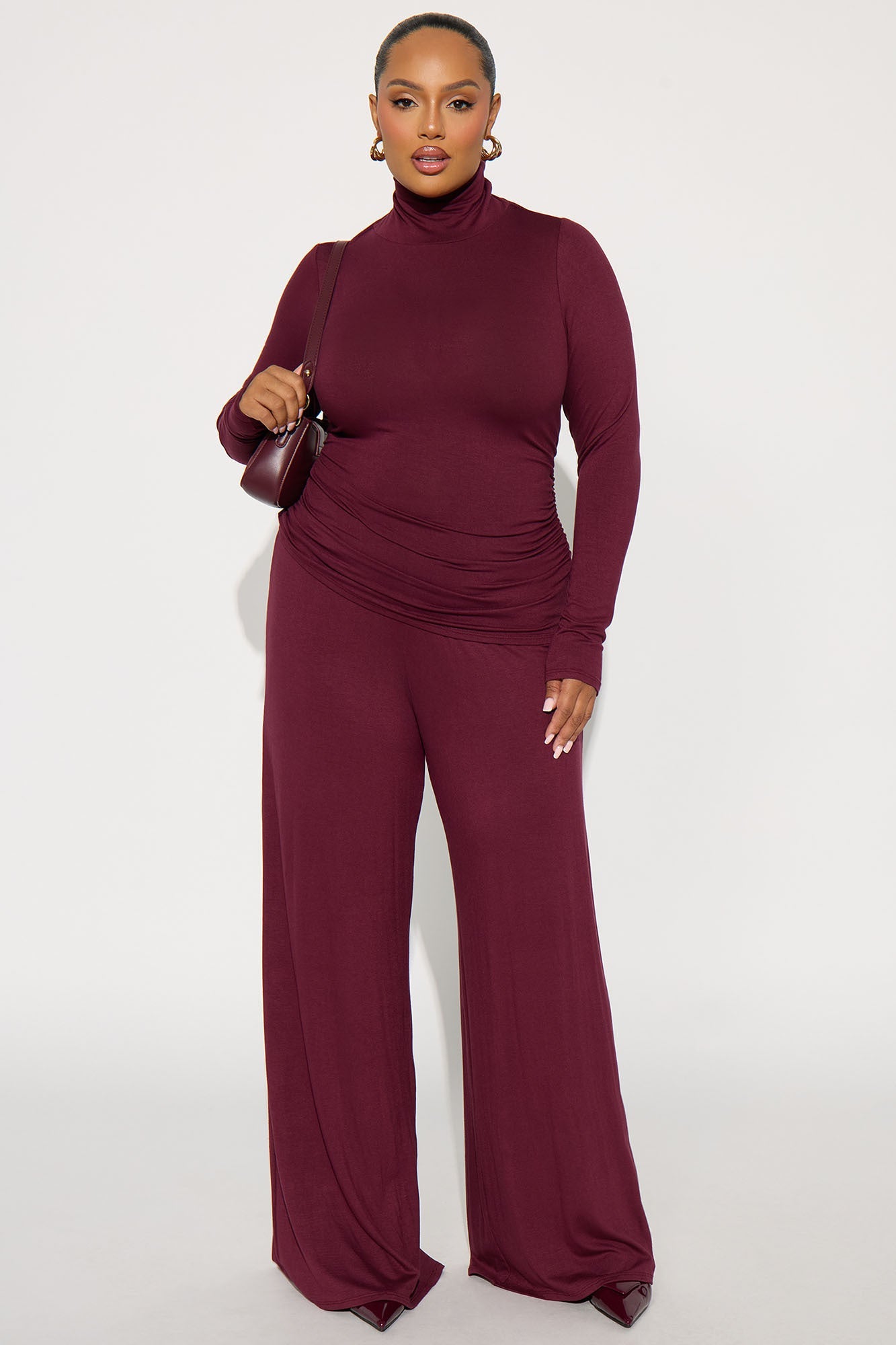 Keep It Simple High Neck Pant Set - Wine