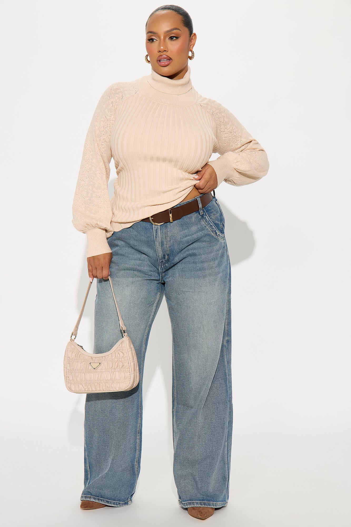 Just My Type Puff Sleeve Fitted Pullover Sweater - Beige