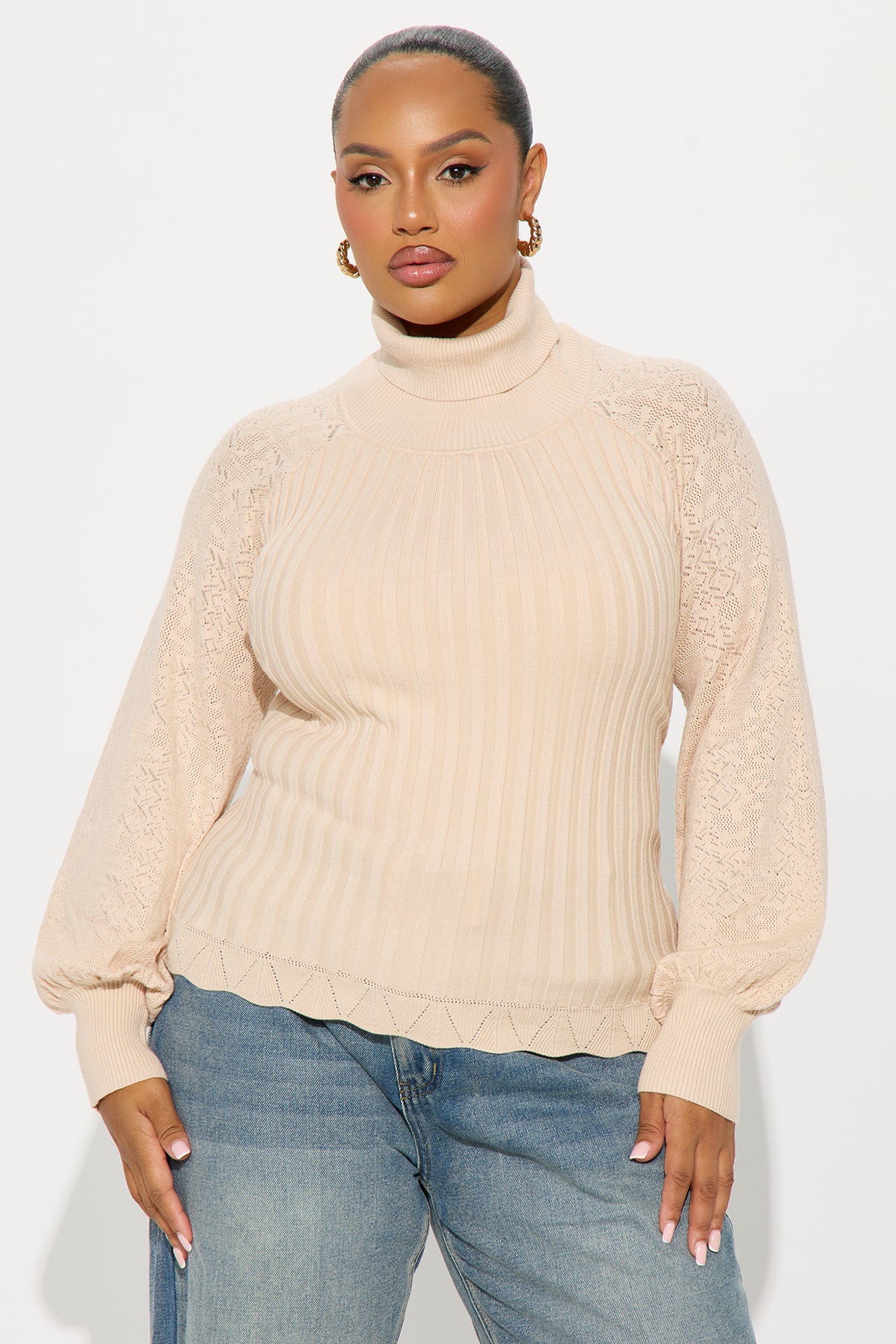 Just My Type Puff Sleeve Fitted Pullover Sweater - Beige