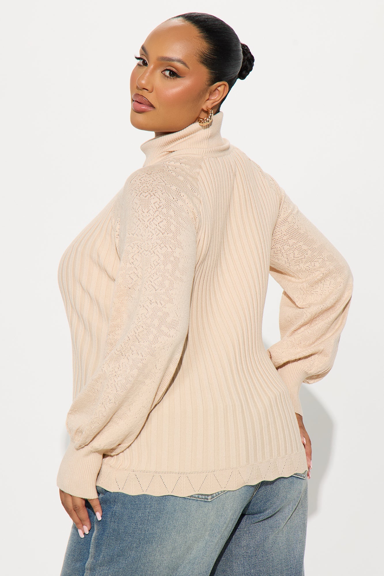 Just My Type Puff Sleeve Fitted Pullover Sweater - Beige