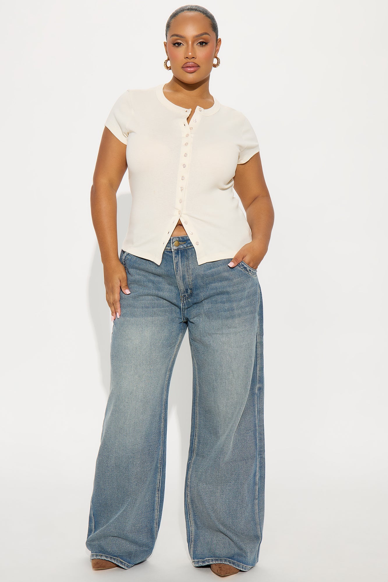 Freya Button Up Short Sleeve Top - Ivory