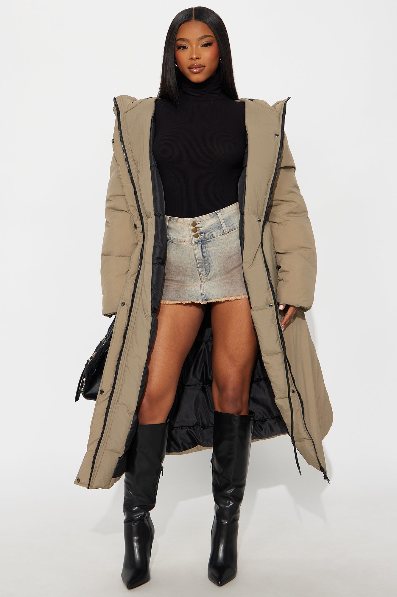 Warm Touch Long Nylon Coat - Khaki